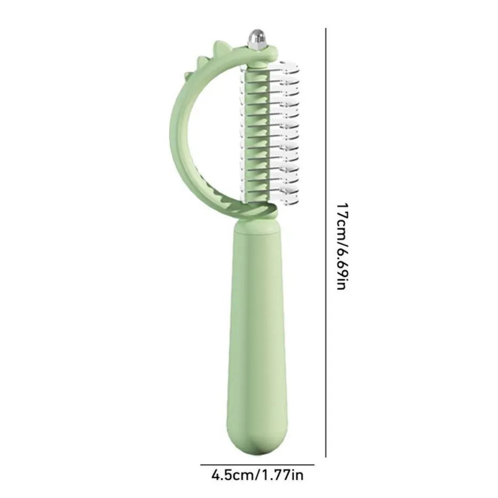 Dinosaur-shaped self-cleaning cat brush with double-sided stainless steel pins on blue handle