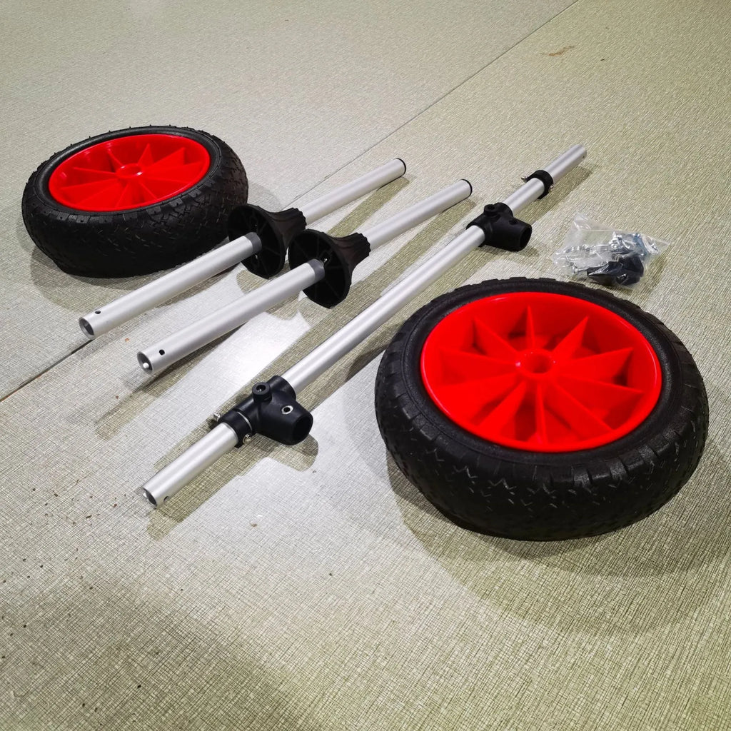 Foldable aluminium kayak beach trailer cart with upright pole and rubber components.
