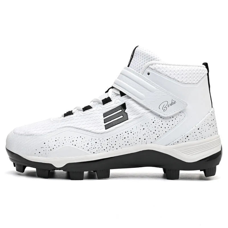 Black and white mid-top sports sneakers with velcro straps and a rubber sole.