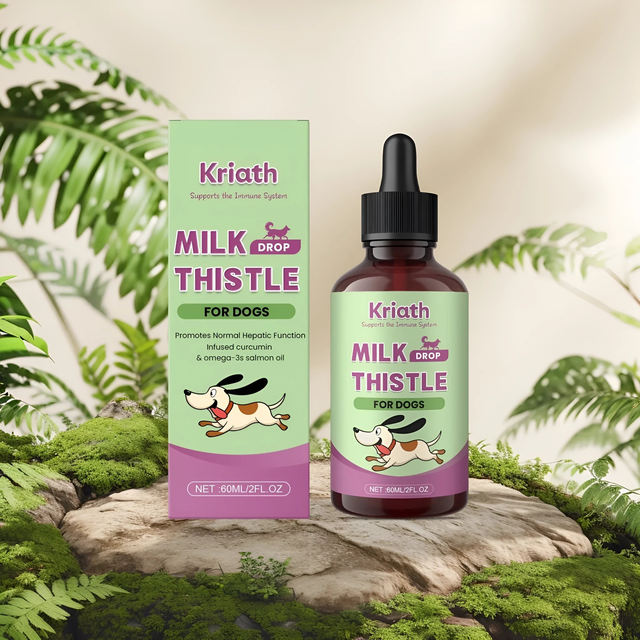 60ml bottle of dog milk thistle, omega-3, and turmeric extract nutrient solution.