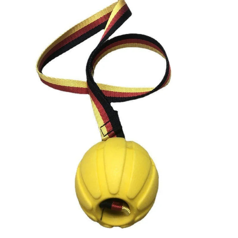 EVA floating knot ball for dog water training in camouflage and yellow colours with tether attachment