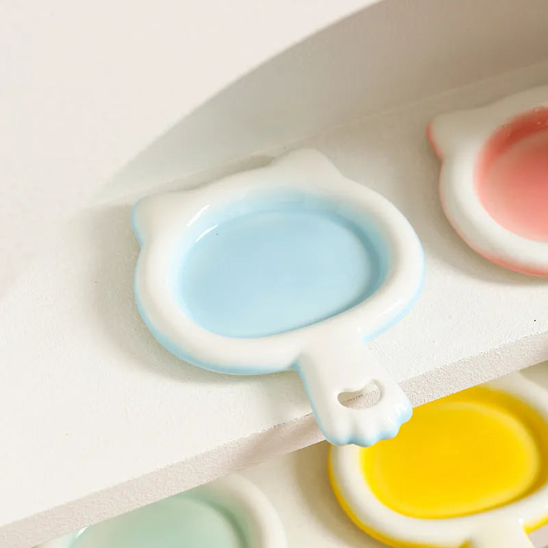 Ceramic cat bowl with shallow design in blue, green, pink or yellow colours