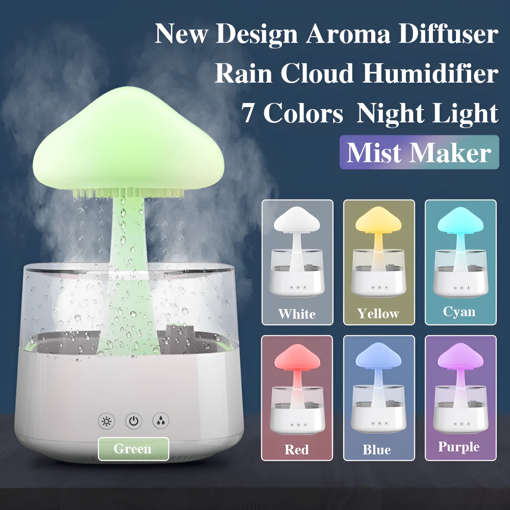 White raining cloud mushroom lamp humidifier and aromatherapy diffuser on a desk.