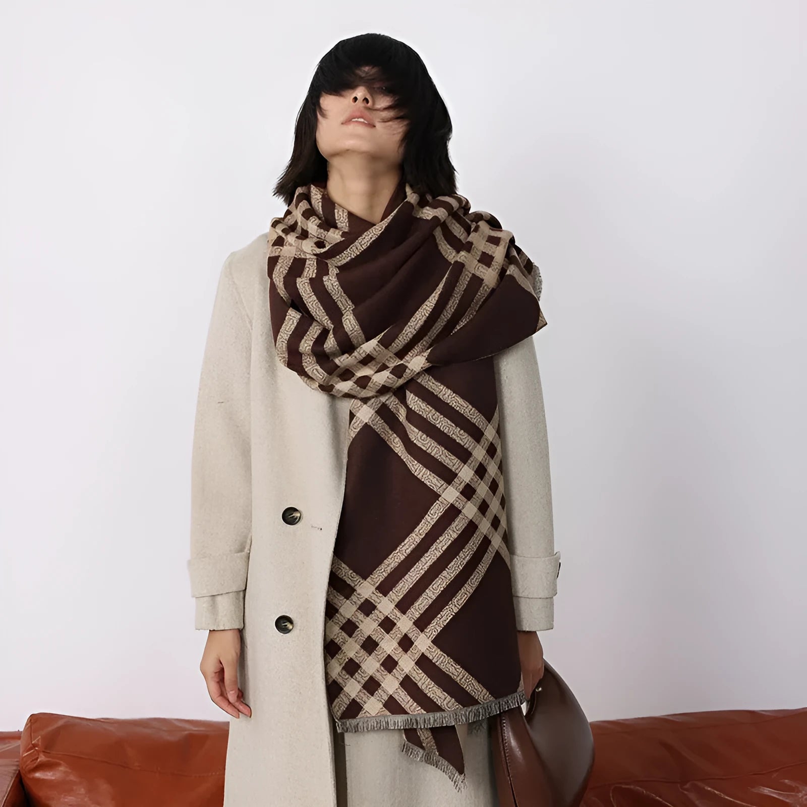 Cashmere-like scarf with tassel trim in brown colour showing 185cm length