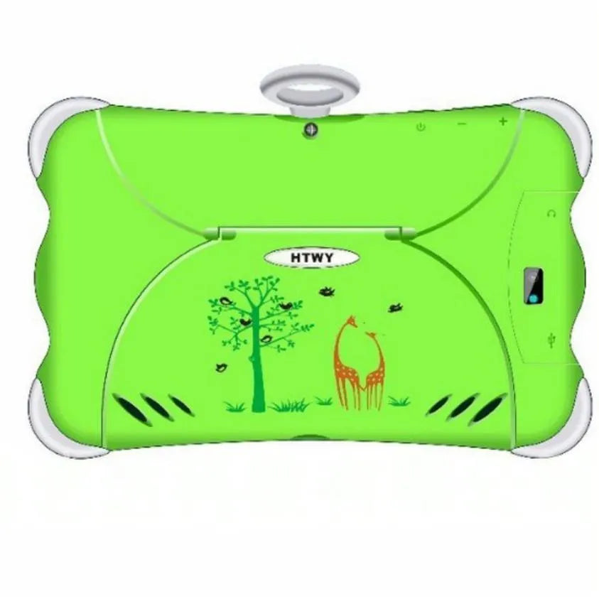 7-inch children's learning tablet in cartoon colours showing screen, stand, and 3G call function