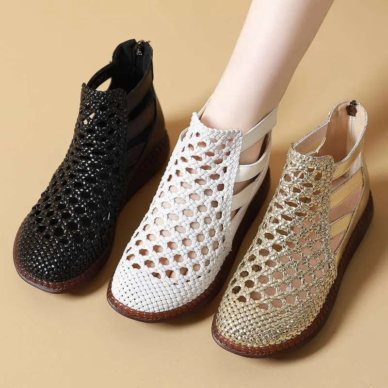 Gold women's flat sandals with breathable hollow-out pattern and soft TPR sole.