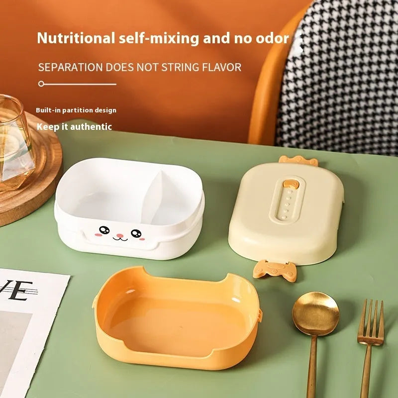 Square plastic divided lunch box in solid colour, shown open to display internal sections.