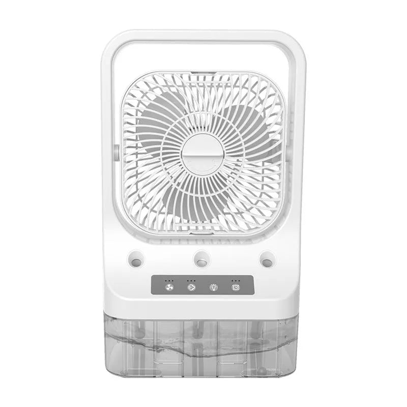 White USB rechargeable portable air cooler fan with adjustable head and water tank.