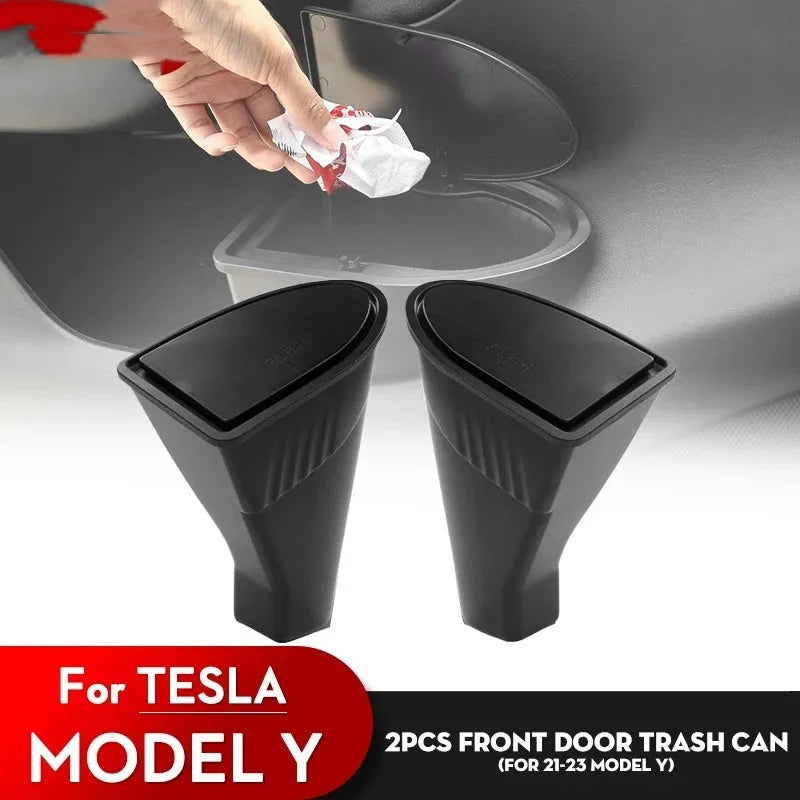Two black ABS plastic car door trash cans designed for Tesla Model Y front door pockets.