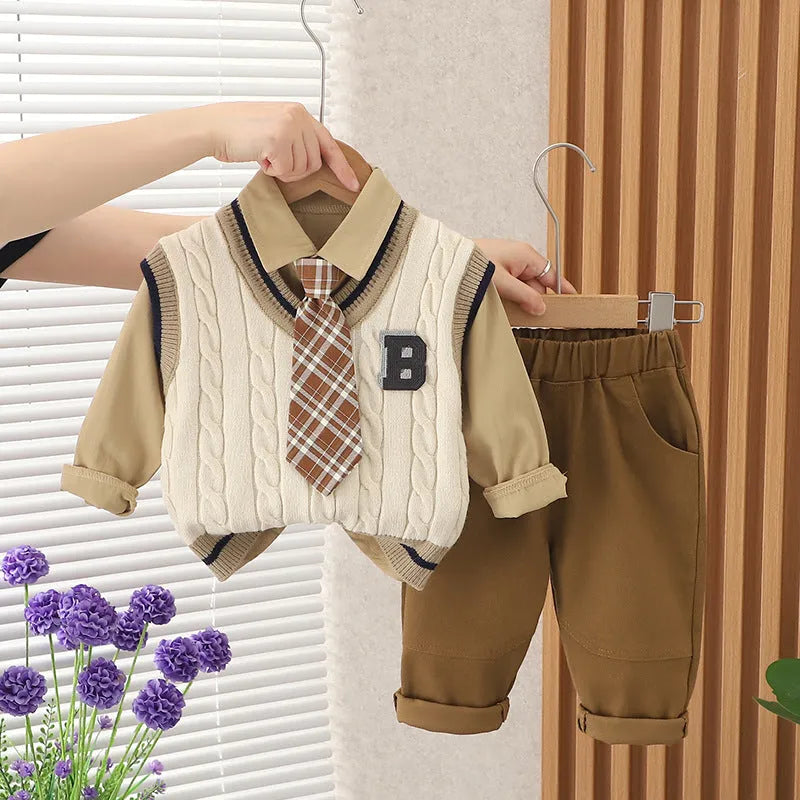Boys autumn cotton three-piece suit set with vest tie in beige