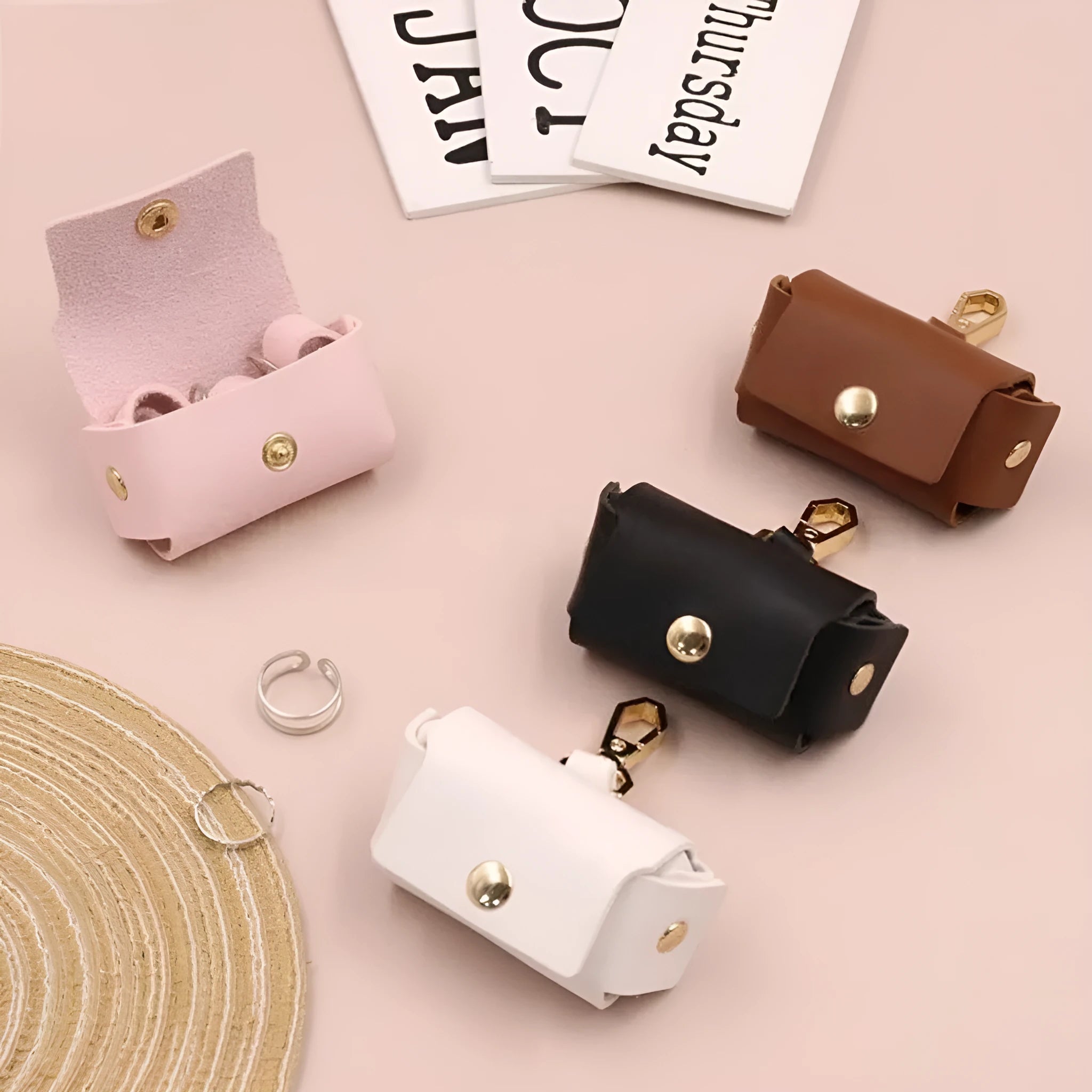 Leather ring storage bag in solid colour with hard shell design, 57x25x35mm, Korean style
