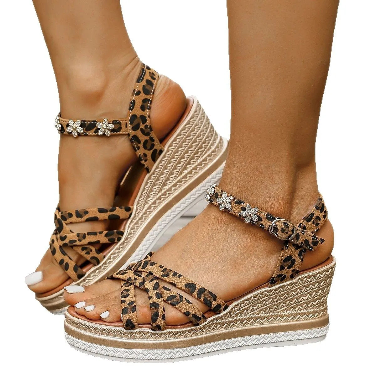 Light brown suede women's sandals with platform sole and ankle buckle, open toe with round holder