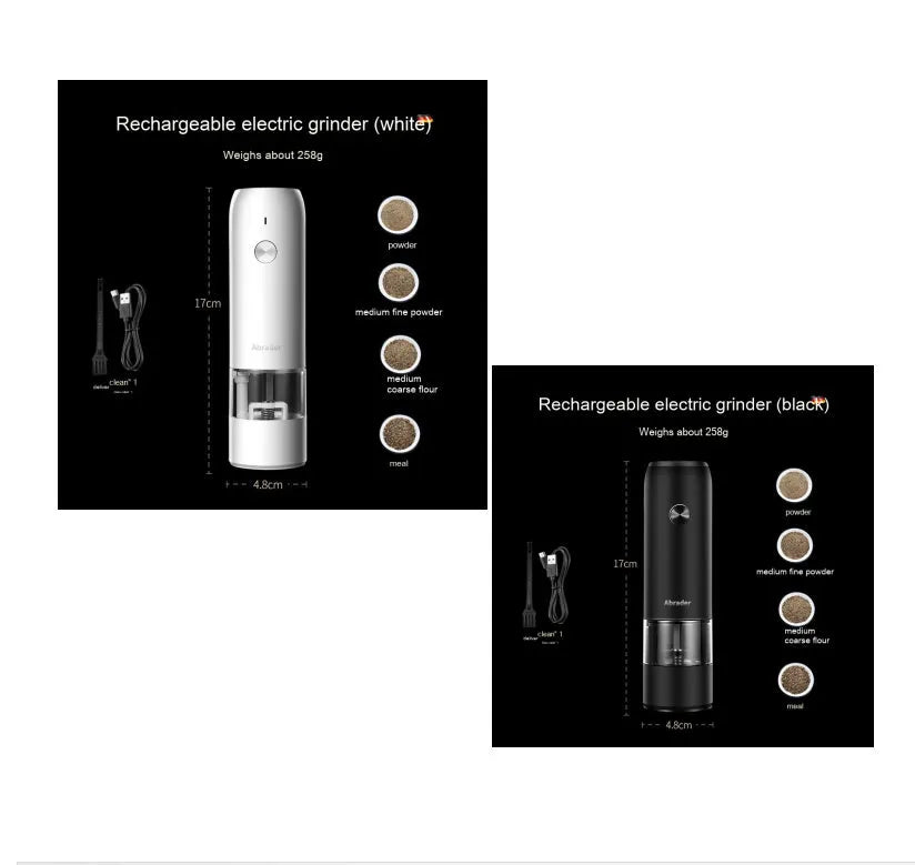 Black and silver electric salt and pepper grinders with clear acrylic bodies on a kitchen counter.