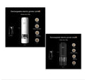 Black and silver electric salt and pepper grinders with clear acrylic bodies on a kitchen counter.