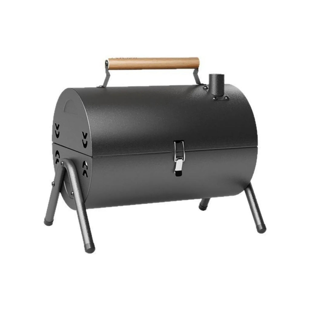 White round portable charcoal grill with chimney oven net, folding for storage.