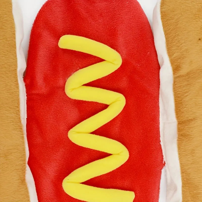 Small dog wearing red hot dog costume with adjustable belly strap