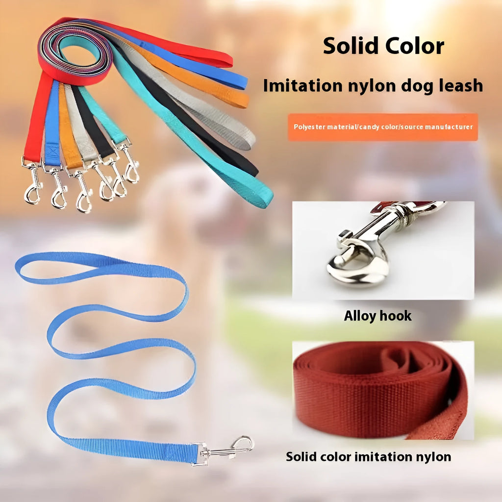Solid colour nylon dog leash rope in blue showing hand-holding grip and length