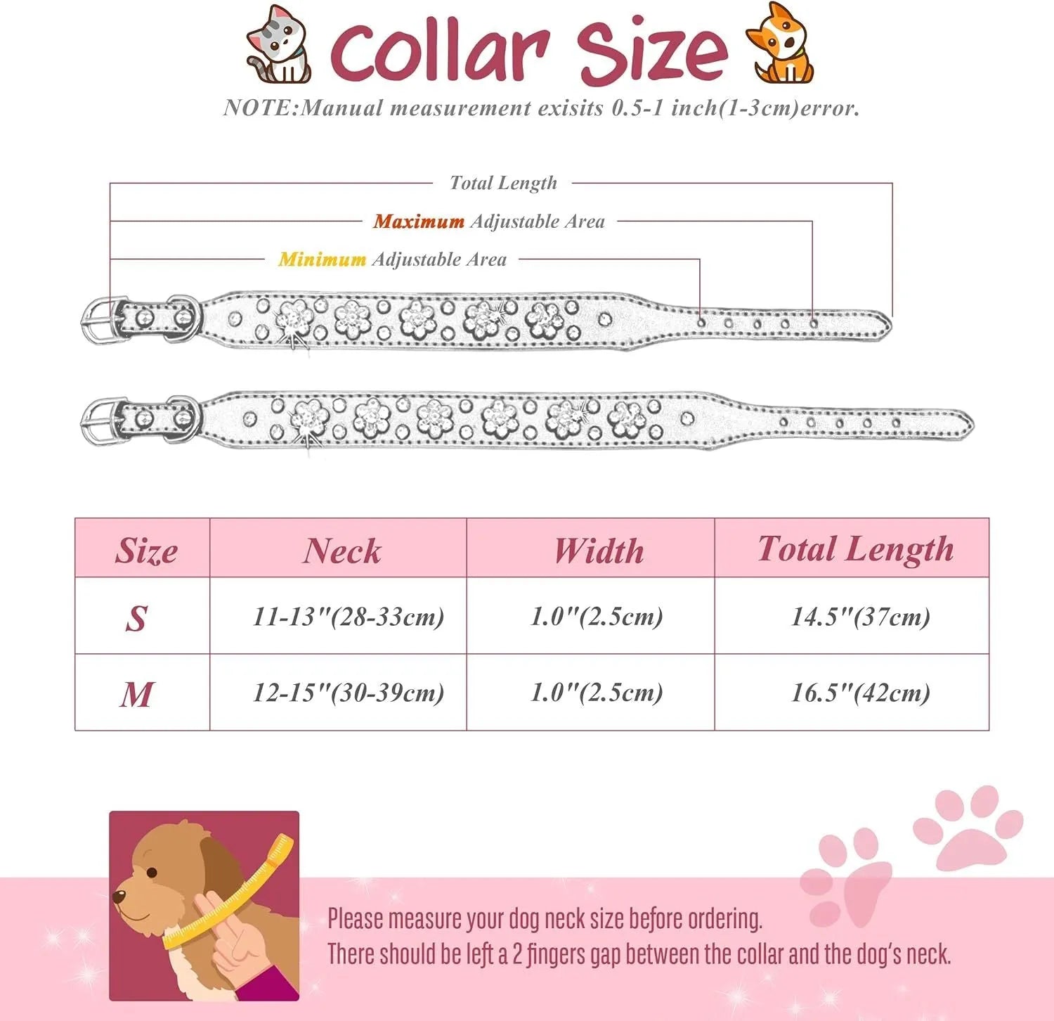 Decorative black dog collar with rhinestone flower pattern and studs on soft PU leather.