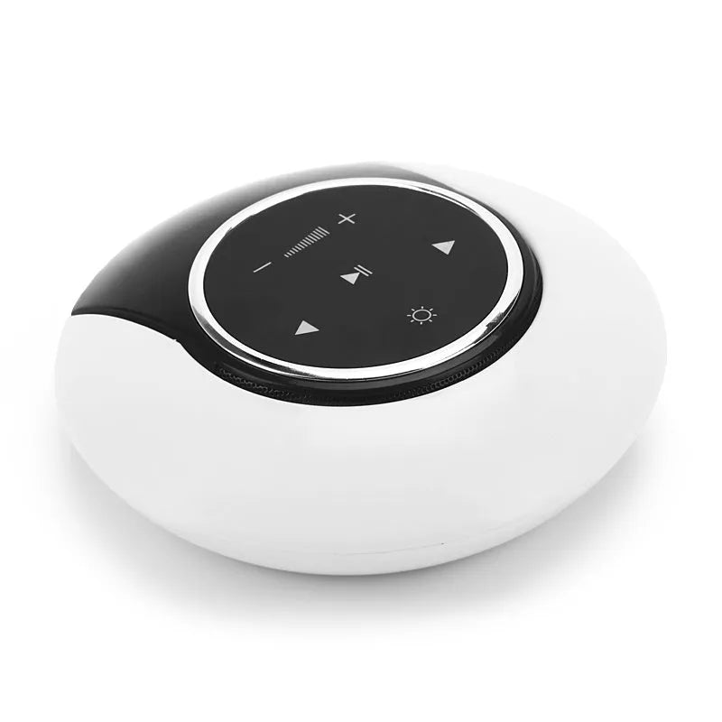 Blue and white Bluetooth desk lamp speaker with touch controls in folded position showing dimensions