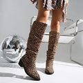 Brown leopard print women's boots with a chunky square heel and high cylinder shaft.