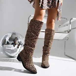 Brown leopard print women's boots with a chunky square heel and high cylinder shaft.