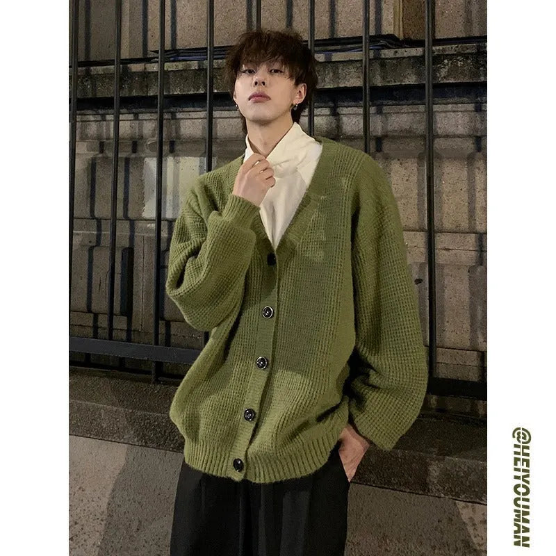 Men's loose-fit V-neck cardigan sweater in cotton blend fabric, solid colour option