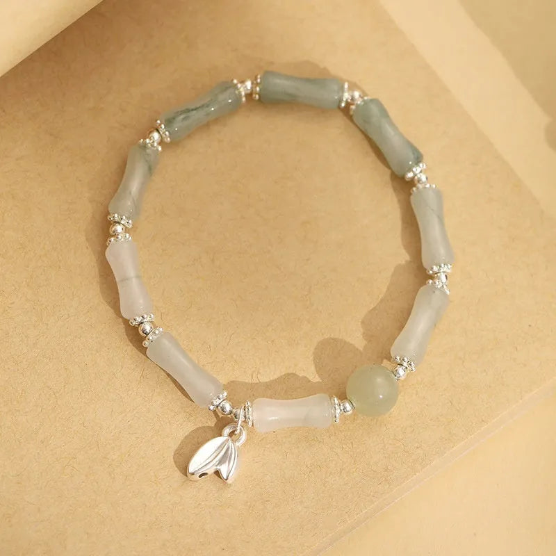 Women's antique silver bracelet with Tianshan green bamboo and bamboo joint design elements