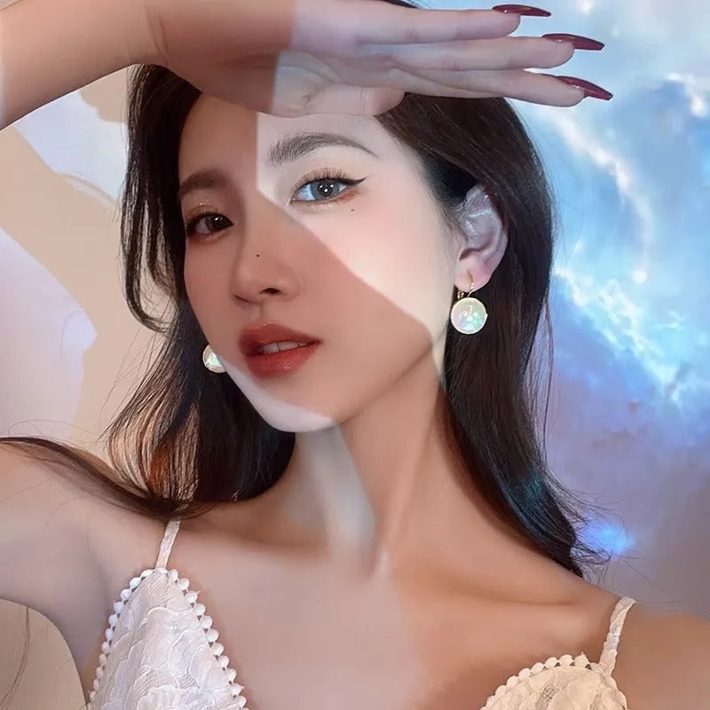 Colourful mermaid pearl electroplated clip earrings with geometric circular Korean style design