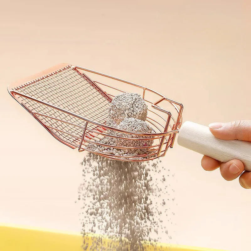Stainless steel cat litter shovel with a long wooden handle