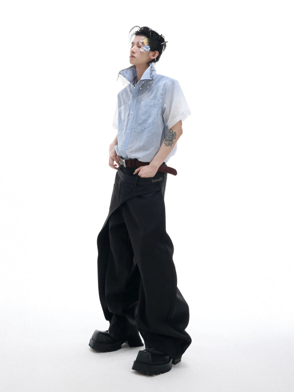 Blue gradient loose fit half sleeve polyester summer shirt laid flat.