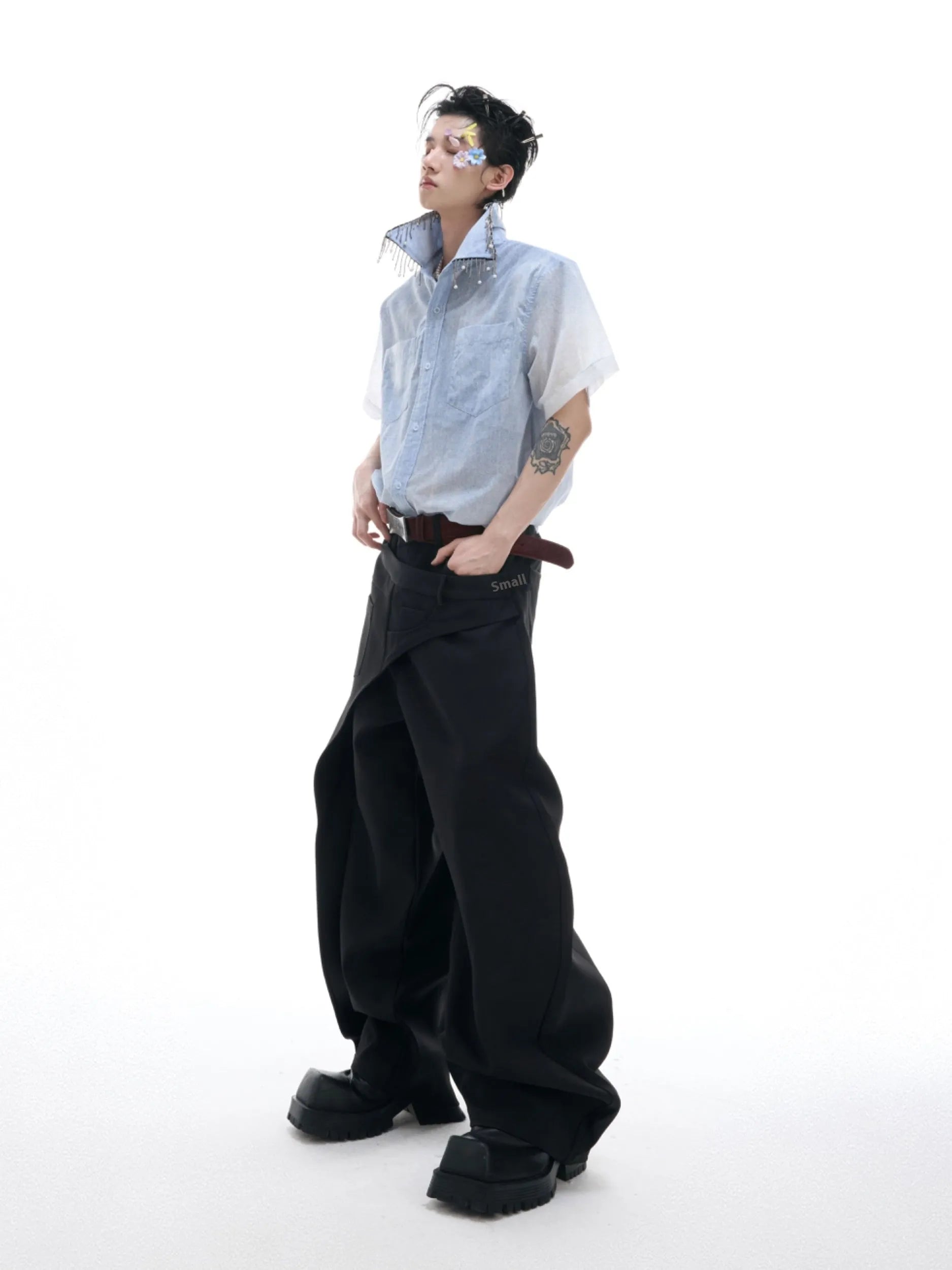 Blue gradient loose fit half sleeve polyester summer shirt laid flat.