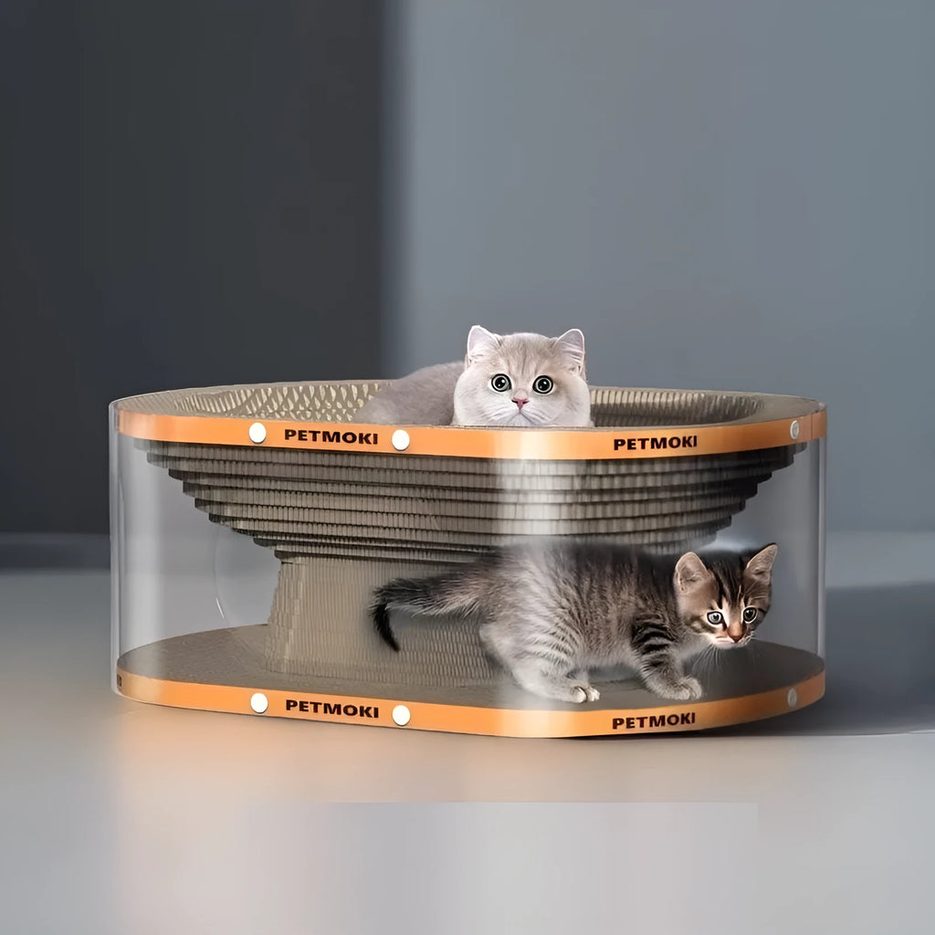 Transparent white diamond-shaped cat nest with integrated tunnel and scratch board