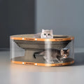 Transparent white diamond-shaped cat nest with integrated tunnel and scratch board