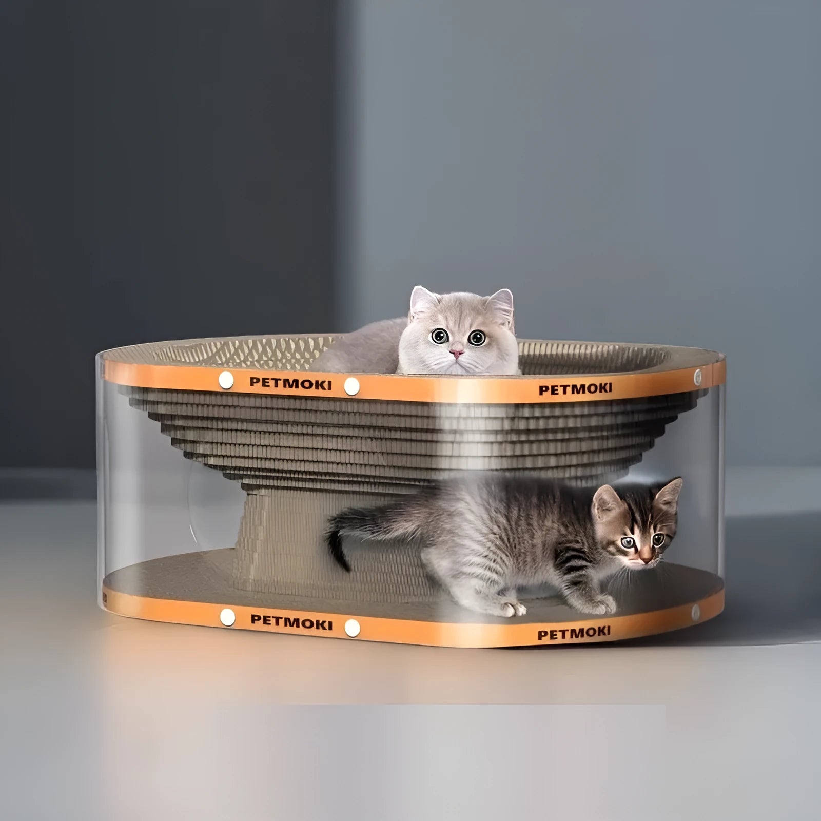 Transparent white diamond-shaped cat nest with integrated tunnel and scratch board