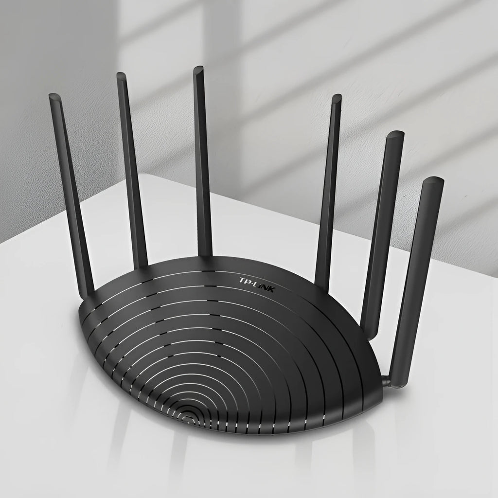 AC1900 gigabit wireless router with compact black design showing front status indicators
