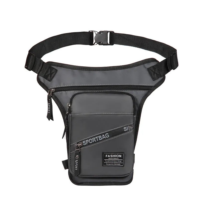 Men's nylon crossbody cycling leg bag in black colour showing waterproof anti-theft features