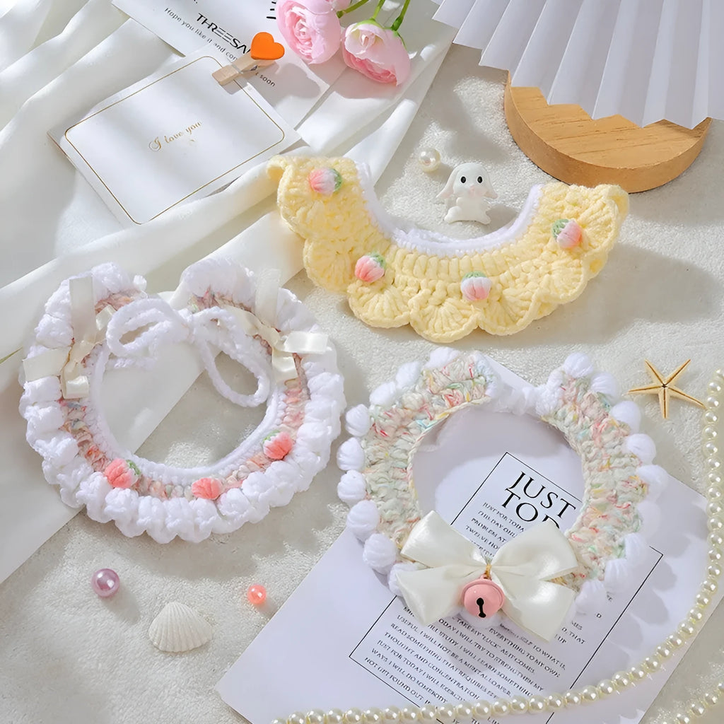 Handmade wool woven collar for British Shorthair kittens with embroidery cartoon design in pink bell bow colour