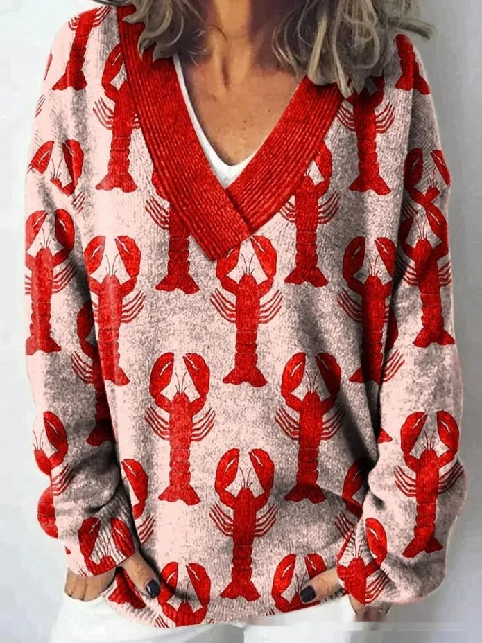 Women's V-neck sweatshirt with 3D floral pattern print in art retro style