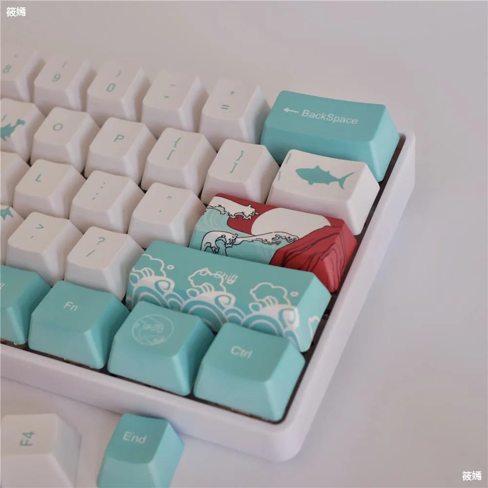 Coral Sea themed PBT keycaps with five-sided sublimation printing and oversized custom buttons for mechanical keyboards