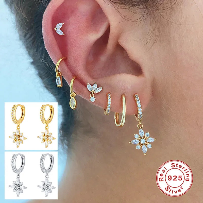 S925 sterling silver snowflake pendant earrings with geometric design and diamond accent in yellow or white gold colour