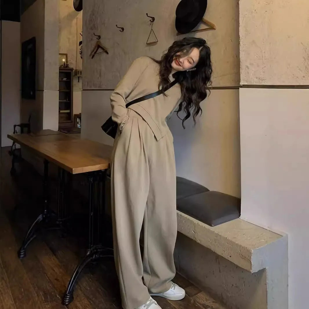 Women's khaki brown loose fit casual sports suit set with long sleeves and trousers.