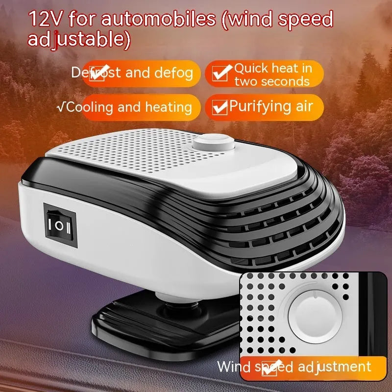 White or green portable 12V 24V warm air blower heater for car and truck use.