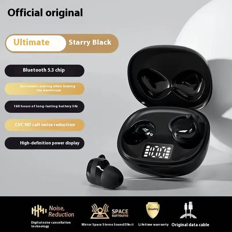 Wireless Bluetooth headset with ear-hook design in black plastic for sports and sleep