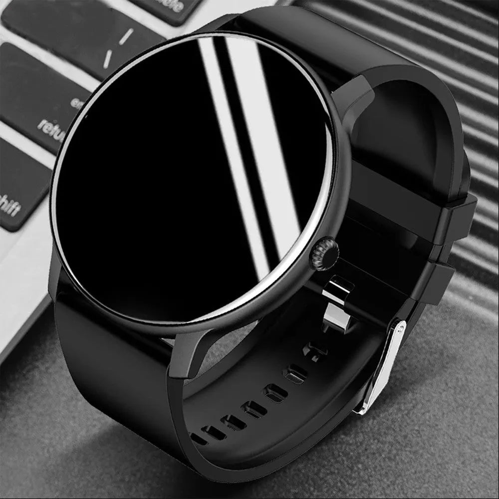Black smart sports watch with blood pressure monitoring on a 1.28-inch display showing health metrics