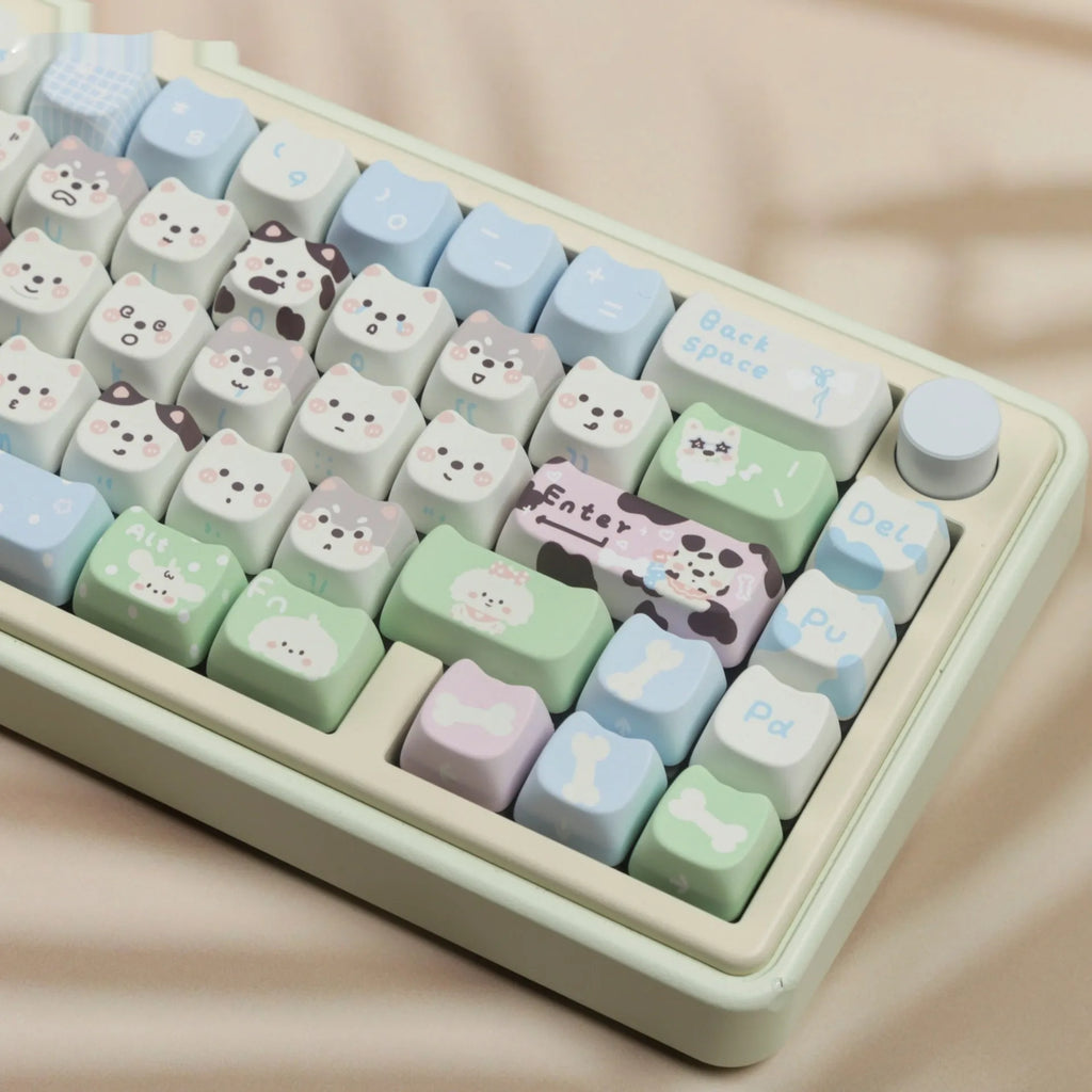 Cat and puppy themed PBT key cap set for mechanical keyboards with colourful sublimation designs