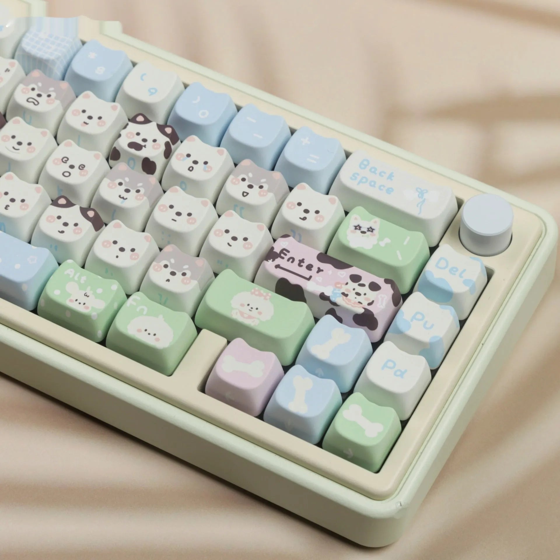 Cat and puppy themed PBT key cap set for mechanical keyboards with colourful sublimation designs