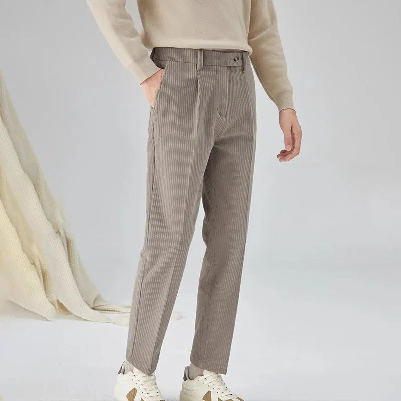 Men's straight-leg corduroy trousers in beige colour showing micro-elastic fabric and mid-waist design