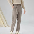 Men's straight-leg corduroy trousers in beige colour showing micro-elastic fabric and mid-waist design