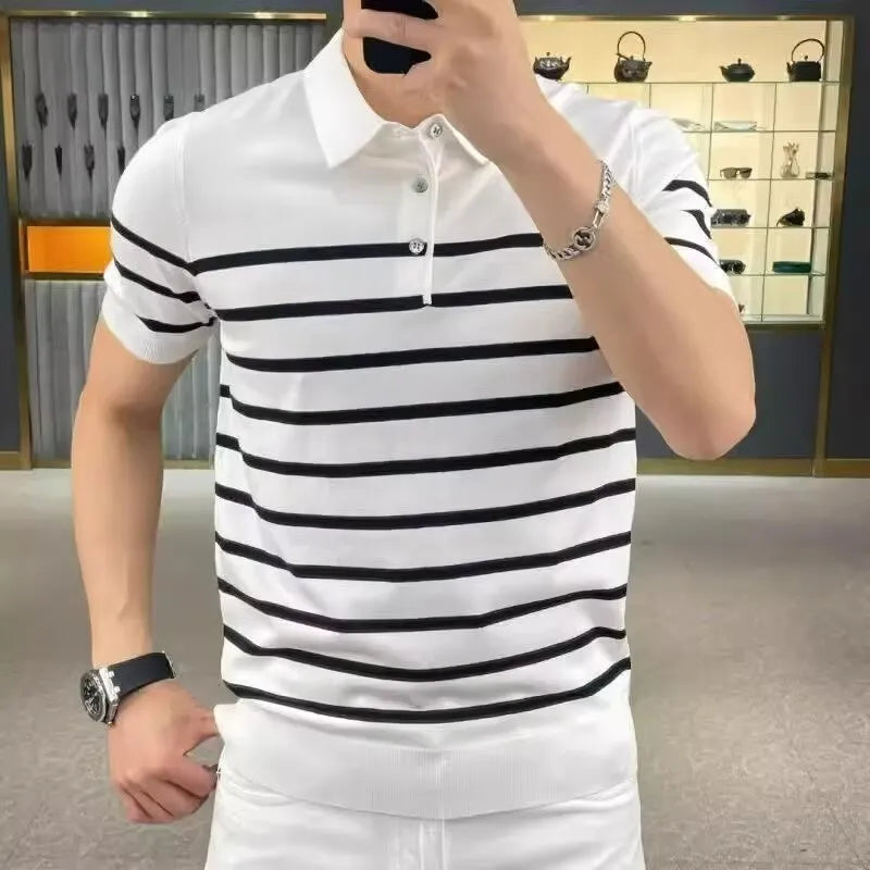 Men's black and white striped lapel collar knitted T-shirt pullover on hanger