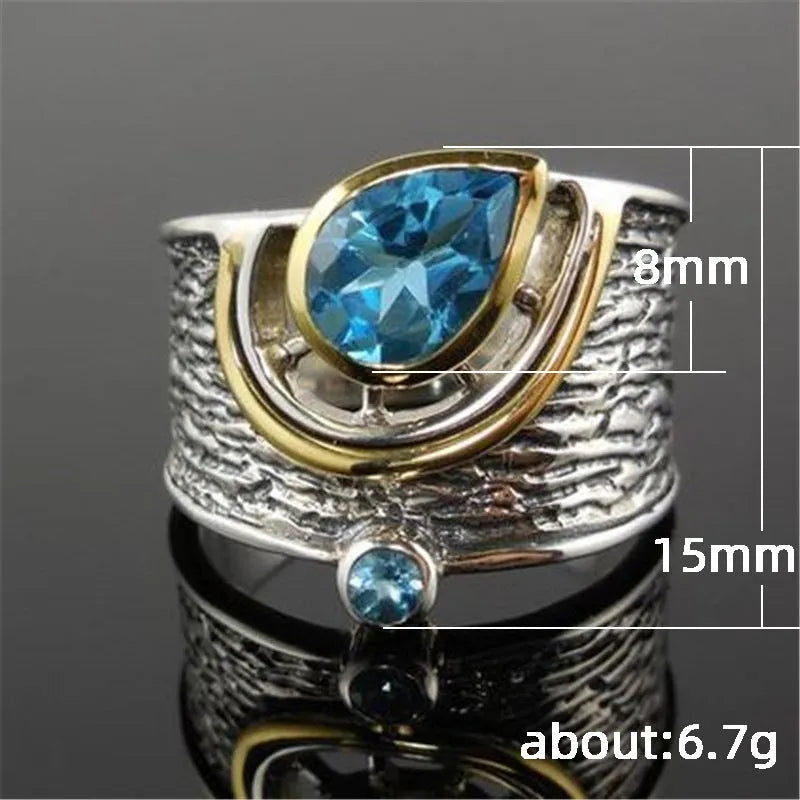 Blue rhinestone Chinese style women's ring with drop shape design and inlaid zircon elements